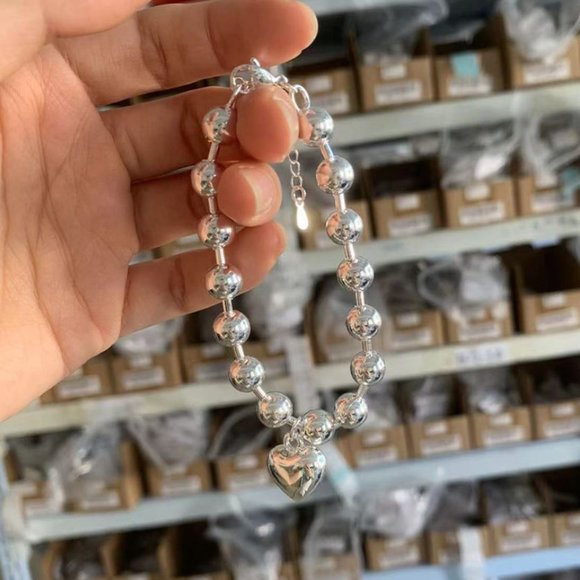 925 Sterling Silver Chunky Silver Heart Beaded Bracelet Statement Bead Bracelet - Picture 4 of 4